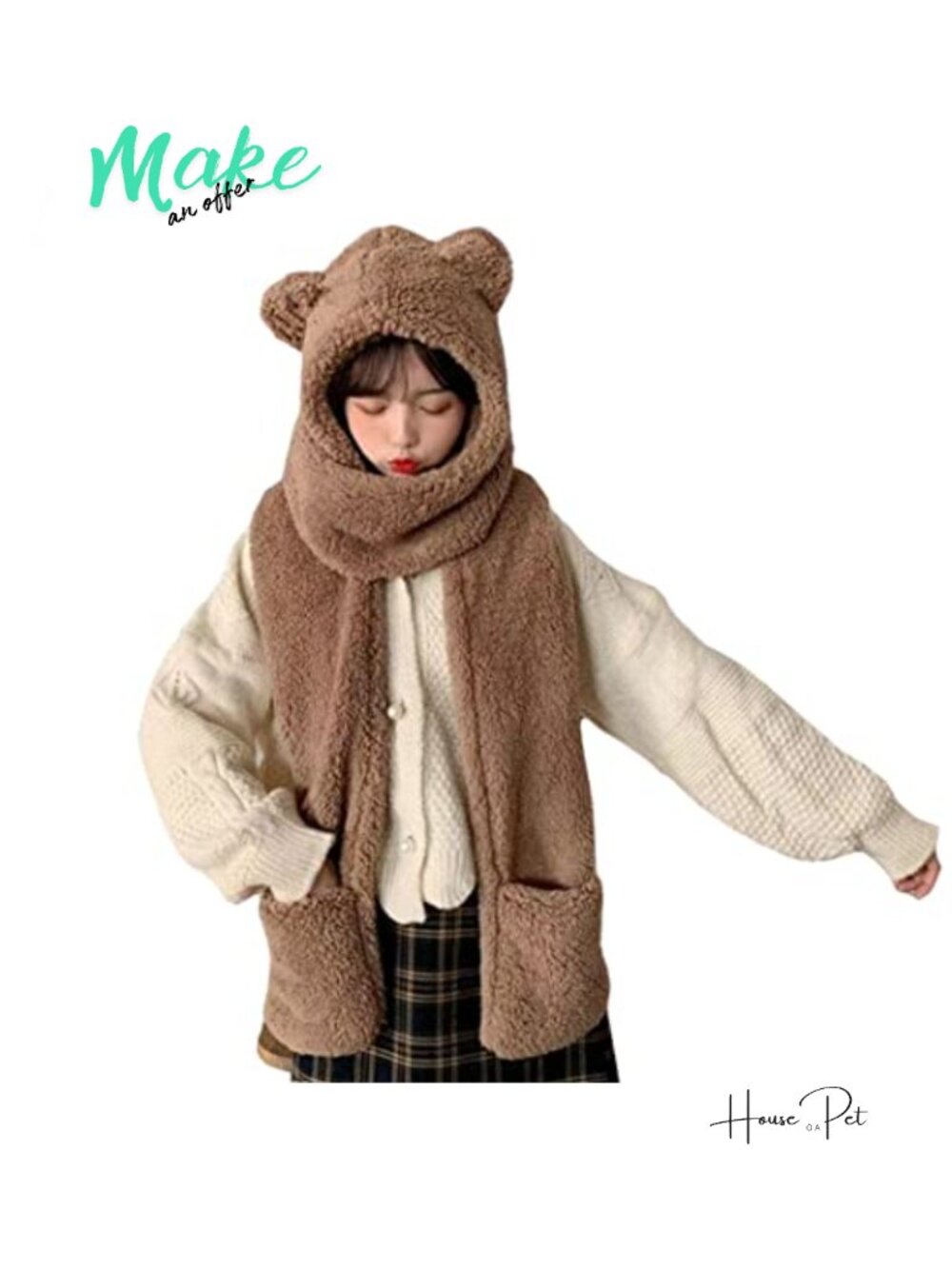 Plush Hooded Hat Long Scarf Gloves Set Bear Ear Winter Warm Accessories